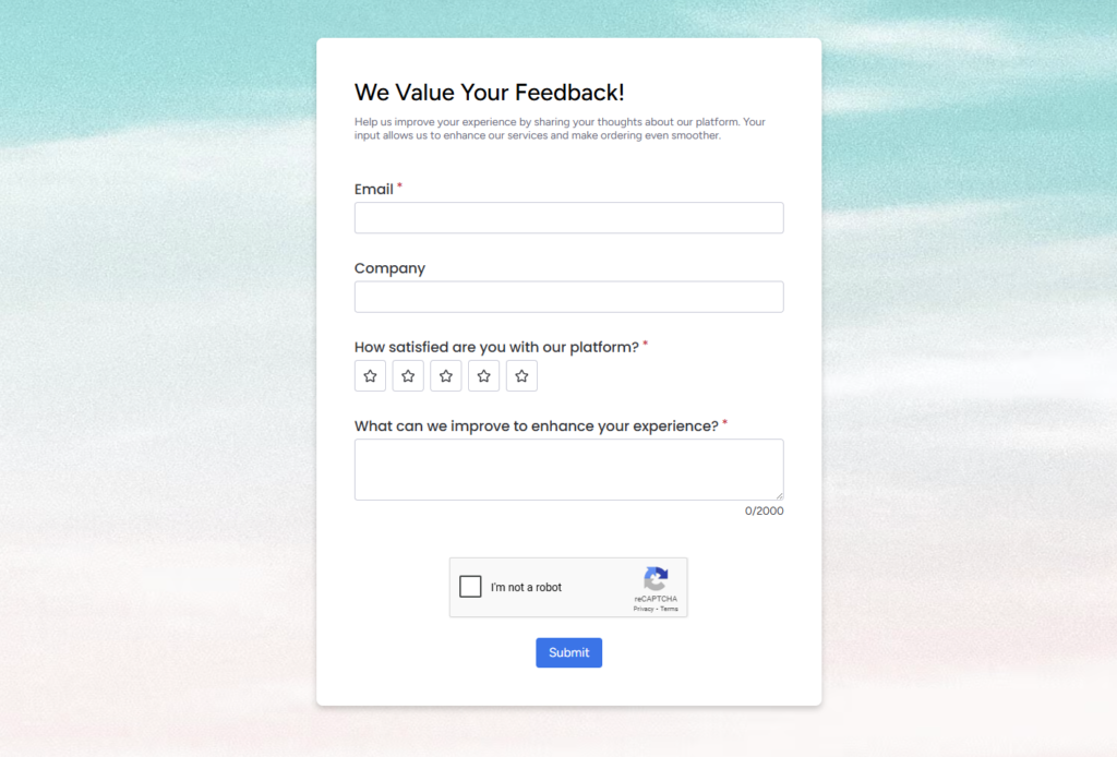 Ziggzagg's Feedback form for the online order portal